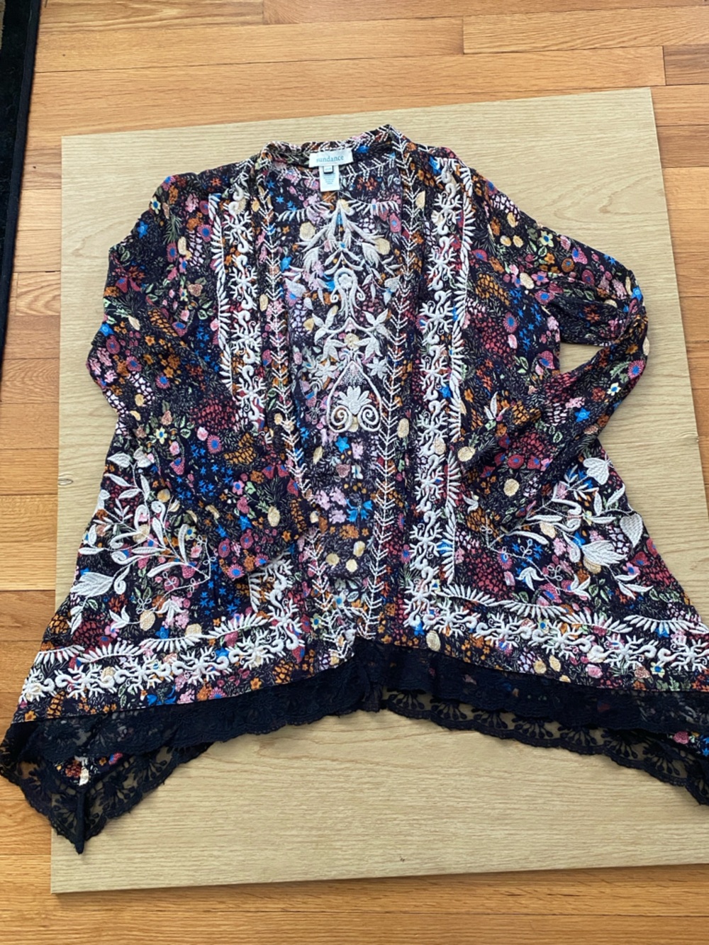 Sundance Black Floral Embroidered Open-Front Kimono -Festival Style - Picture 3 of 13